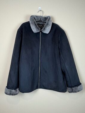 Coaco New York Black Faux Suede Button Up Jacket Coat with Gray Faux Fur Trim